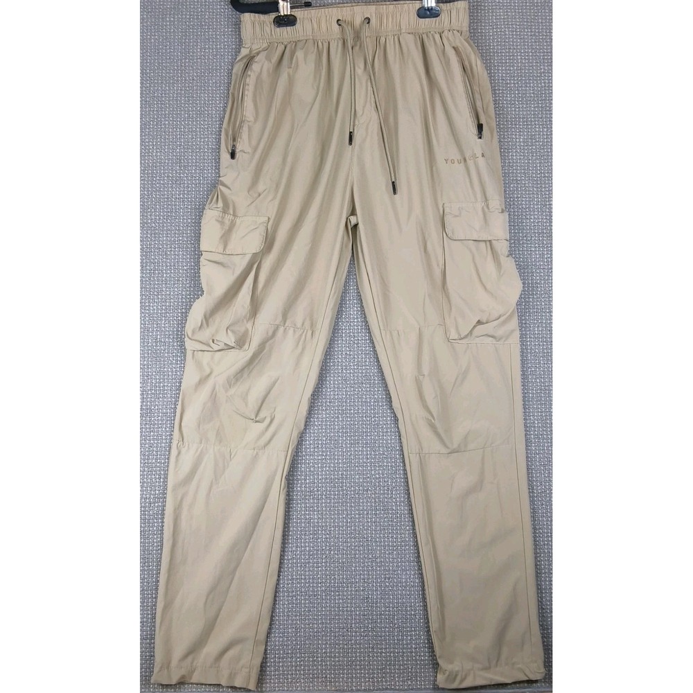 YoungLA Men's Lightweight Cargo Pants Tan Khaki Elastic Drawstring Waist